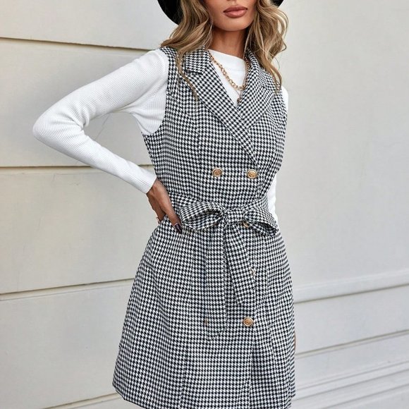 Black & White Preppy Womens Houndstooth Print Double Breasted Belted Dress - Picture 4 of 5